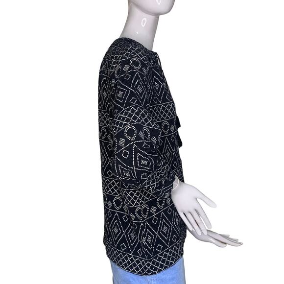 Madewell Boho Top Size XS Black and White Aztec Print Lace Up Long Sleeve - Picture 7 of 10